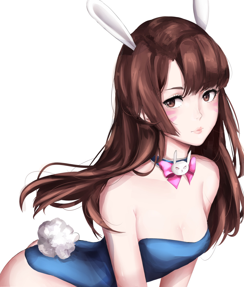 1girl, absurdres, animal_ears, arched_back, bangs, bare_shoulders, bow, bowtie, breasts, brown_eyes, brown_hair, bunny_tail, bunnysuit, cleavage, collarbone, d.va_(overwatch), detached_collar, eyebrows_visible_through_hair, eyelashes, facepaint, facial_mark, highres, jackii, leotard, long_hair, looking_at_viewer, medium_breasts, overwatch, pink_bow, pink_bowtie, rabbit_ears, simple_background, small_breasts, solo, strapless, strapless_leotard, tail, upper_body, whisker_markings, white_background