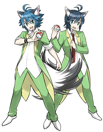 2boys, animal_ears, blue_hair, brothers, full_body, green_eyes, kai_(show_by_rock!!), male_focus, multiple_boys, open_collar, poke_ball, pokemon, riku_(show_by_rock!!), show_by_rock!!, siblings, simple_background, smile, sugimori_ken_(style), tail, taiyou_marii, twins, white_background