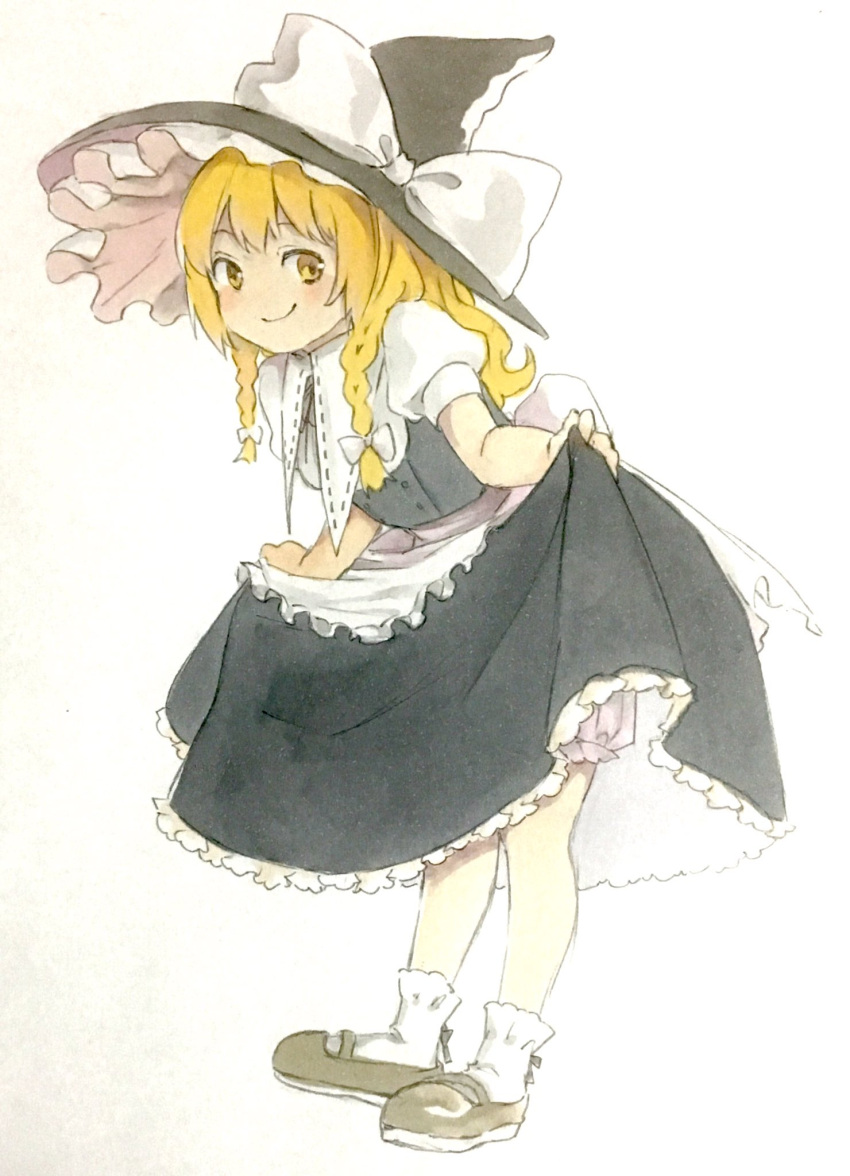 1girl, apron, black_shoes, blonde_hair, bloomers, blush, bobby_socks, bow