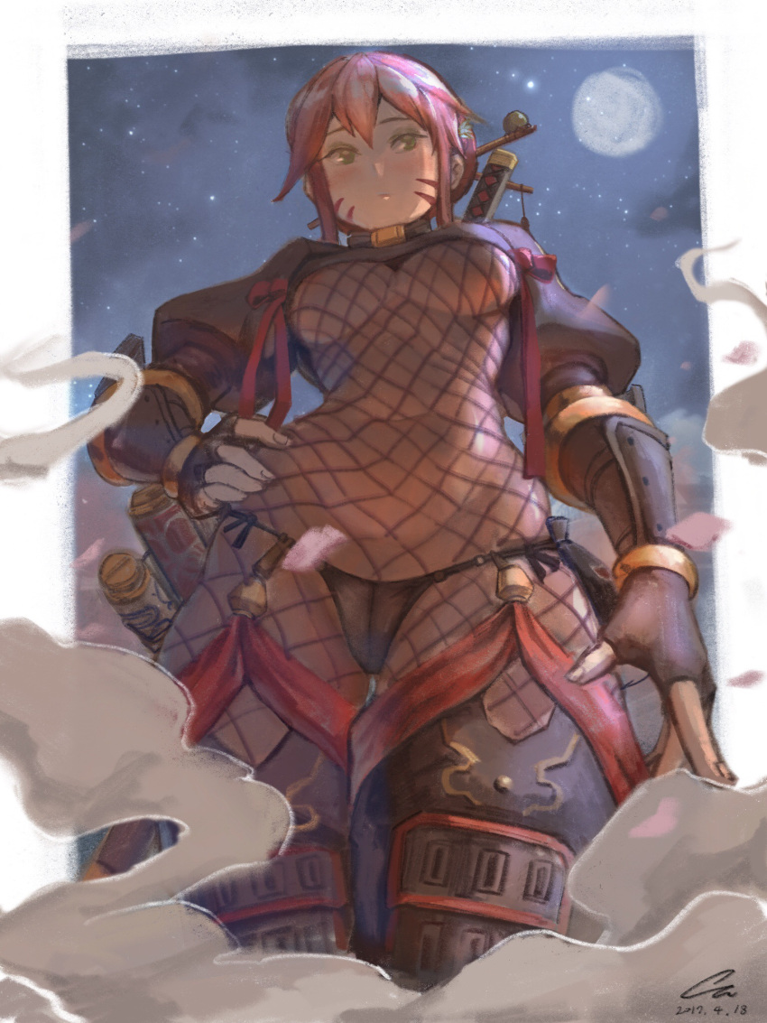 1girl, dated, facial_mark, fingerless_gloves, fishnets, gloves, hand_on_hip, highres