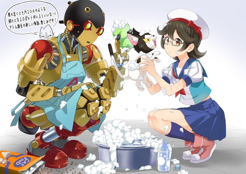 1girl, a106, announcement_celebration, apron, atom:_the_beginning, beret, brown_eyes, brown_hair, cat, cat_food, glasses, grey_background, hat, mirai_denki, ochanomizu_ran, pink_shoes, puffy_short_sleeves, puffy_sleeves, robot, shampoo, shoes, short_sleeves, simple_background, sneakers, sponge, squatting, tetsuwan_atom, washing, washtub