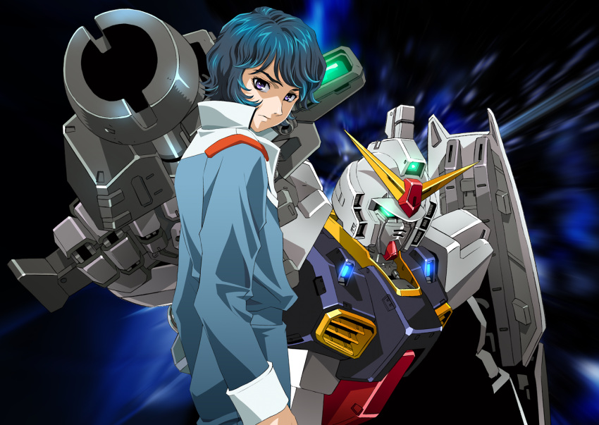 1boy, beam_rifle, blue_hair, energy_gun, gundam, gundam_mk_ii, jacket, kamille_bidan