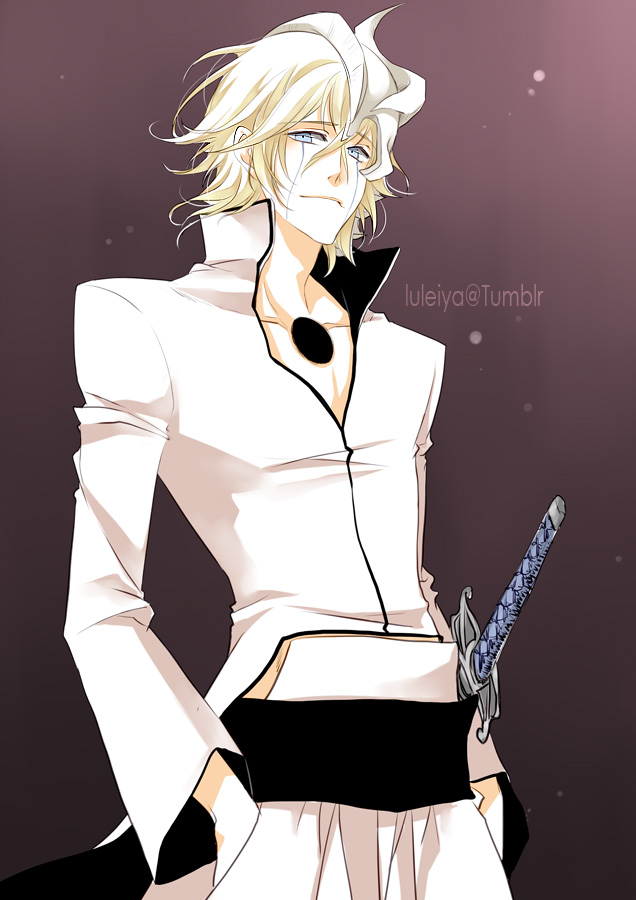 1boy, alexa_pasztor, artist_name, bleach, blue_eyes, cosplay, facial_mark, fay_d_flourite, gradient, gradient_background, hands_in_pockets, headgear, hole_in_chest, male_focus, smile, solo, sword, tsubasa_chronicle, ulquiorra_cifer, ulquiorra_cifer_(cosplay), upper_body, weapon, white_hair