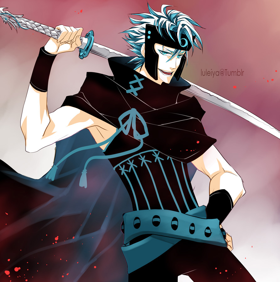 1boy, alexa_pasztor, aqua_eyes, bleach, blood, cape, cosplay, grimmjow_jaegerjaquez, hand_on_hip, headgear, kurogane_(tsubasa_chronicle), kurogane_(tsubasa_chronicle)_(cosplay), male_focus, open_mouth, smile, solo, sword, tsubasa_chronicle, weapon, white_hair