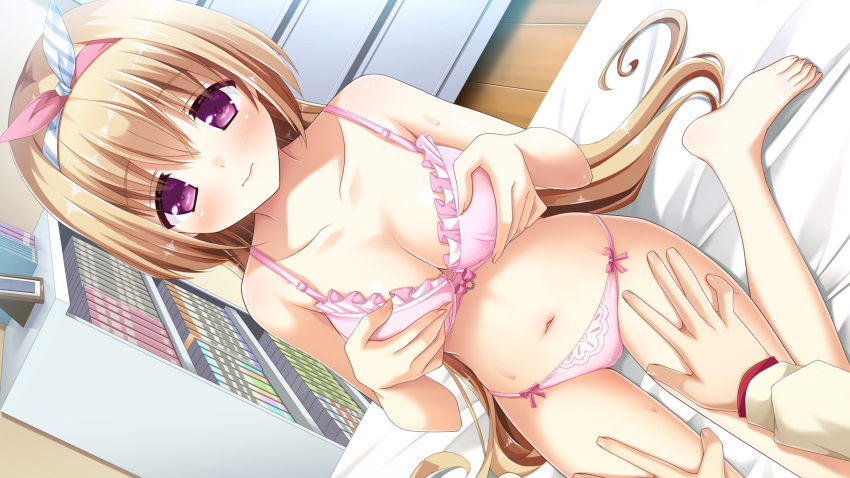 1girl, barefoot, blush, bra, breasts, brown_hair, dutch_angle, feet