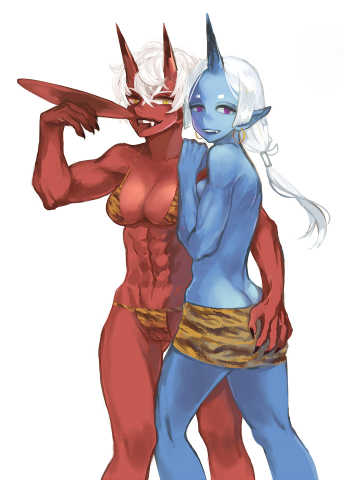 2girls, abs, ass, ass_grab, back, black_nails, blue_oni, blue_skin