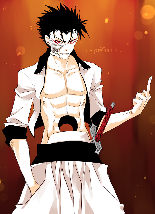 1boy, abs, alexa_pasztor, artist_name, bare_chest, black_hair, bleach, cosplay