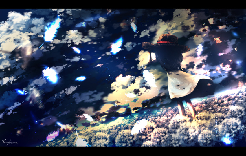 1girl, arm_at_side, black_hair, clouds, cloudy_sky, dress, dutch_angle, feathers