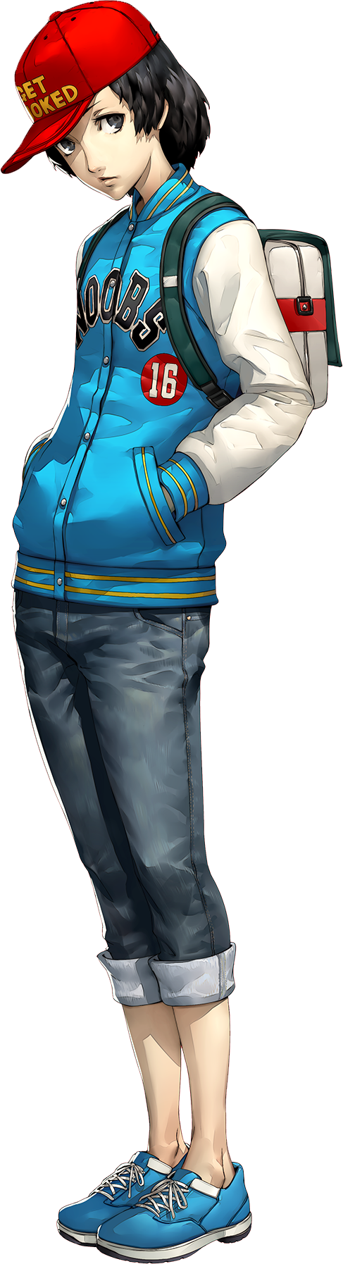1boy, backpack, bag, baseball_cap, black_eyes, black_hair, blue_jacket, blue_shoes, buttons, closed_mouth, clothes_writing, denim, expressionless, full_body, hands_in_pockets, hat, highres, jacket, jeans, legs_together, letterman_jacket, lips, long_sleeves, looking_at_viewer, male_focus, no_socks, number, oda_shinya, official_art, pants, persona, persona_5, pocket, red_hat, ribbon, shoe_ribbon, shoes, soejima_shigenori, solo, standing, transparent_background, white_ribbon