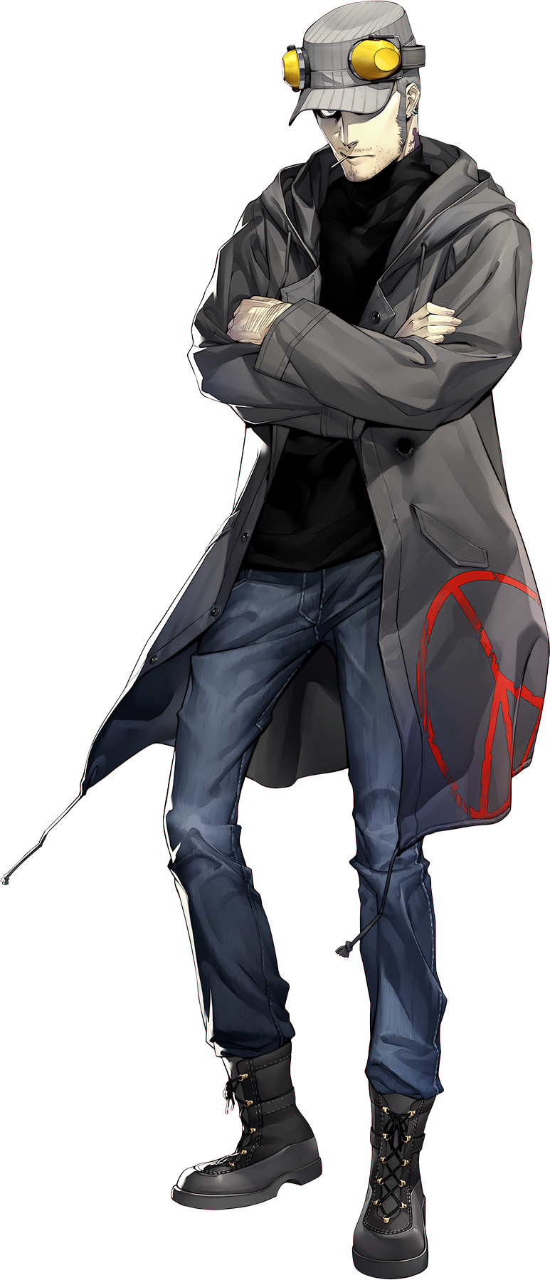1boy, beard, boots, crossed_arms, earrings, facial_hair, full_body, grey_eyes