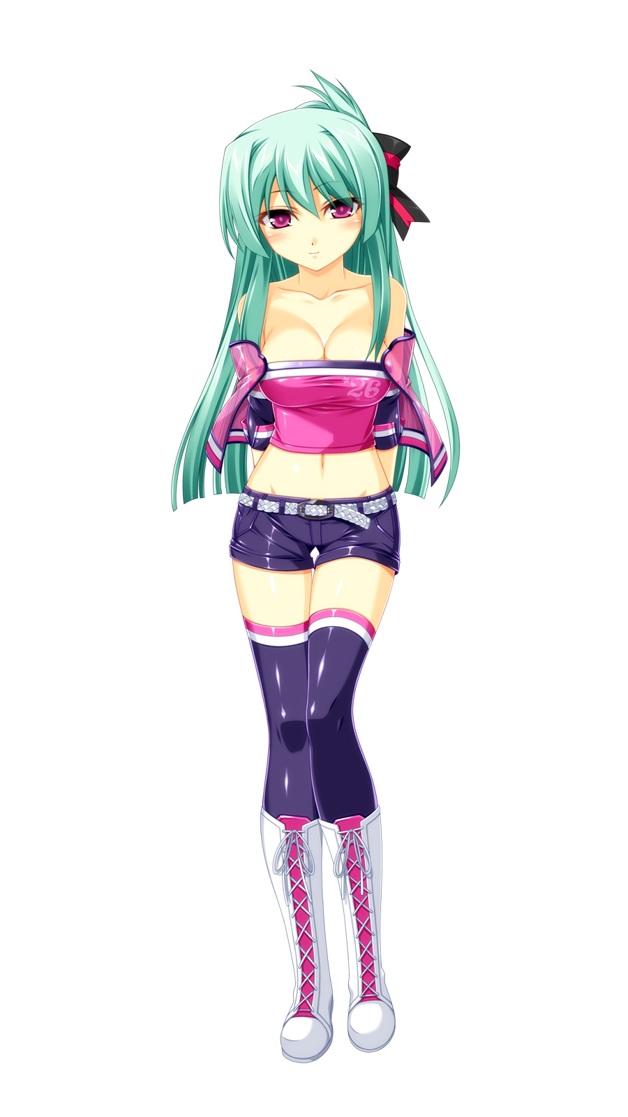 1girl, aqua_hair, arms_behind_back, bangs, bare_shoulders, beatmania, beatmania_iidx, belt, blue_legwear, blush, boots, bow, breasts, cleavage, collarbone, eyebrows_visible_through_hair, full_body, hair_bow, highres, kanzaki_saya, kinoshita_ichi, knee_boots, long_hair, medium_breasts, midriff, navel, see-through, shorts, simple_background, solo, standing, strapless, tubetop, violet_eyes, white_background