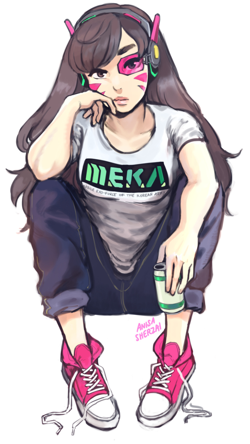1girl, absurdres, acronym, artist_name, brown_eyes, brown_hair, can, casual