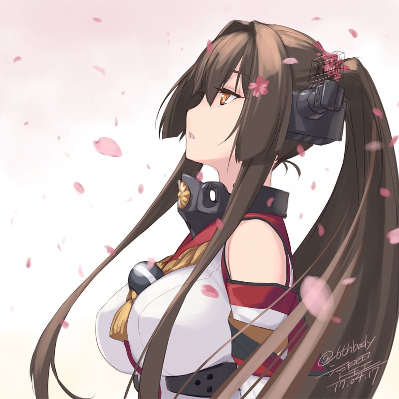 1girl, bare_shoulders, breasts, brown_eyes, brown_hair, cherry_blossoms, collar, detached_sleeves