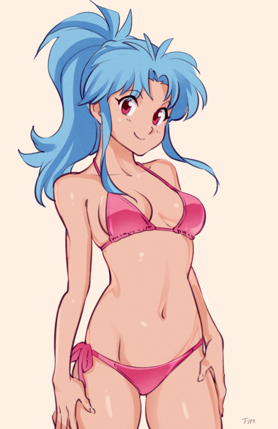 1girl, bikini, blue_hair, botan_(yuu_yuu_hakusho), breasts, hands_on_thighs, highres, long_hair