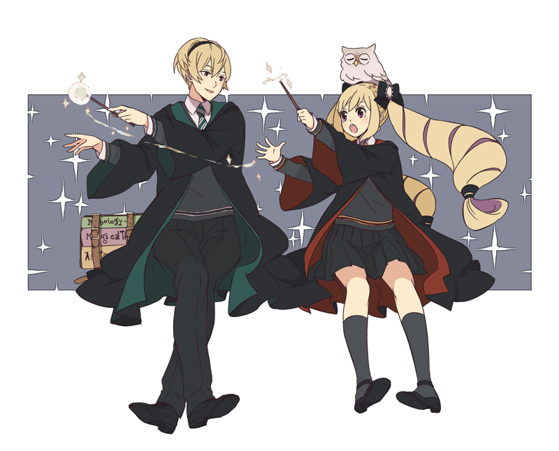 1boy, 1girl, ai-wa, bird, book, bow, brother_and_sister, coat