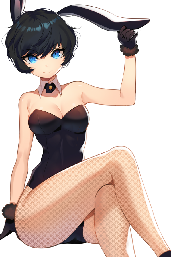1girl, animal_ears, arm_at_side, bangs, bare_shoulders, black_gloves, black_hair, black_legwear