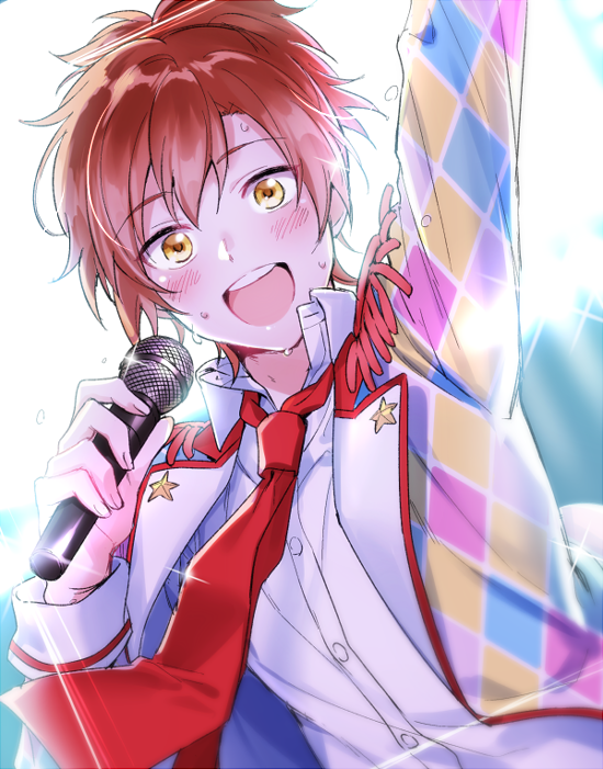 1boy, :d, amamiya_kanade, arm_up, blush, dorifesu!, dutch_angle, high_ponytail