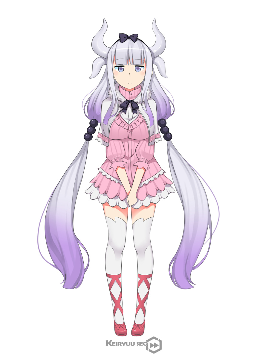 1girl, artist_name, black_hairband, blue_eyes, dragon_girl, dragon_horns, eyebrows_visible_through_hair, gradient_hair