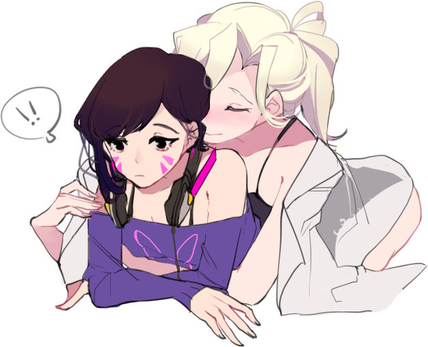 !!, 2girls, animal_print, blonde_hair, blush, bunny_print, closed_eyes, d.va_(overwatch)