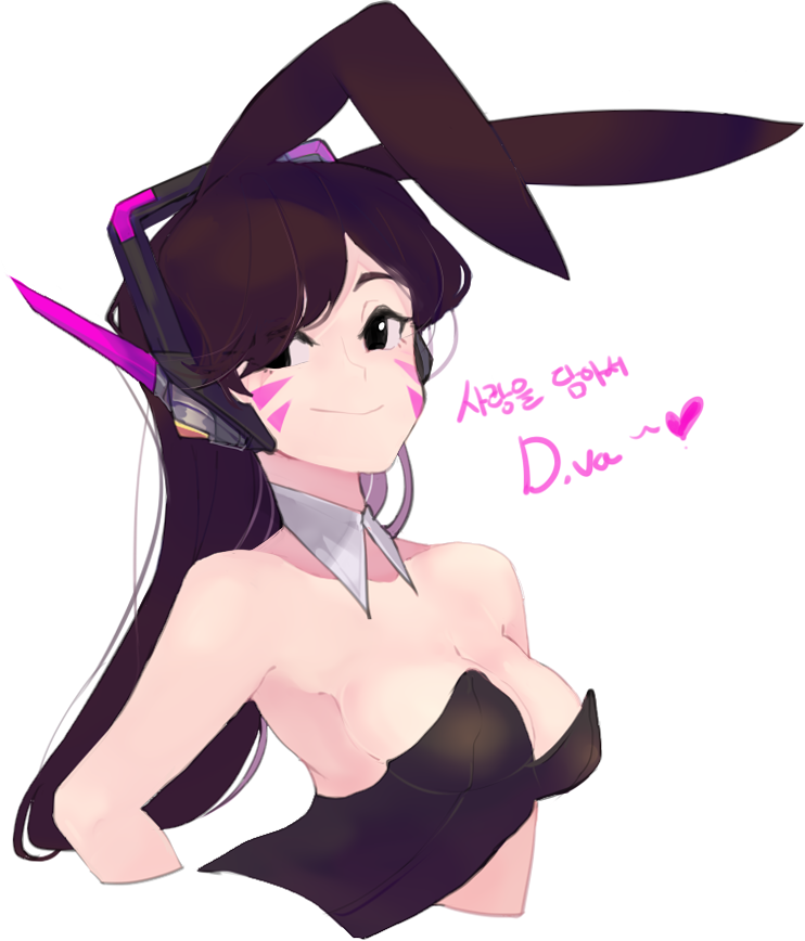 1girl, animal_ears, bangs, bare_shoulders, breasts, brown_eyes, brown_hair, bunny_girl, bunnysuit, character_name, cleavage, cropped_arms, cropped_torso, d.va_(overwatch), detached_collar, eyebrows, eyebrows_visible_through_hair, facepaint, facial_mark, fake_animal_ears, headphones, heart, leotard, long_hair, looking_at_viewer, medium_breasts, mwo_imma_hwag, overwatch, parted_bangs, rabbit_ears, simple_background, smile, solo, strapless, strapless_leotard, upper_body, whisker_markings, white_background