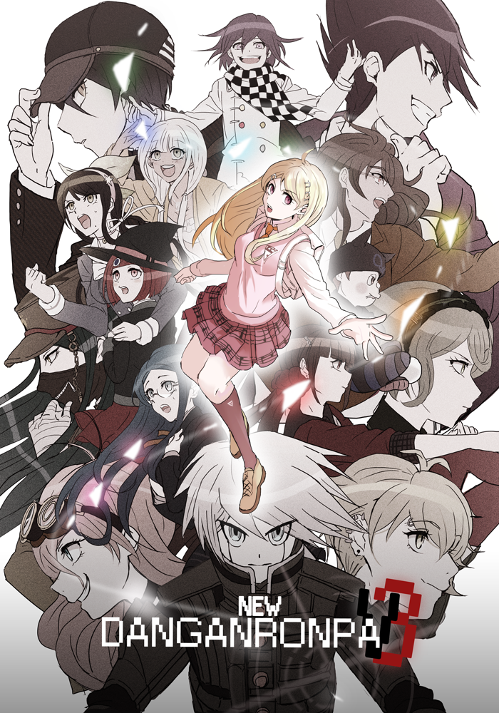 6+boys, 6+girls, adjusting_clothes, adjusting_hat, ahoge, akamatsu_kaede, amami_rantarou, android