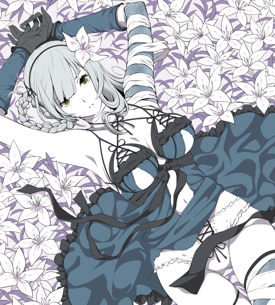 1girl, armpits, arms_up, asymmetrical_clothes, asymmetrical_hair, bandaged_arm, bandaged_leg, bangs