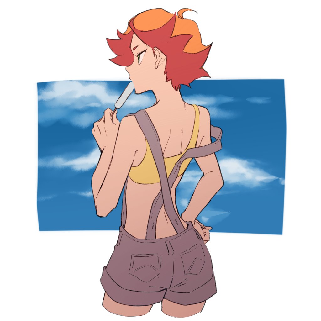 1girl, amanda_o'neill, back, food, green_eyes, little_witch_academia, mittsun, multicolored_hair