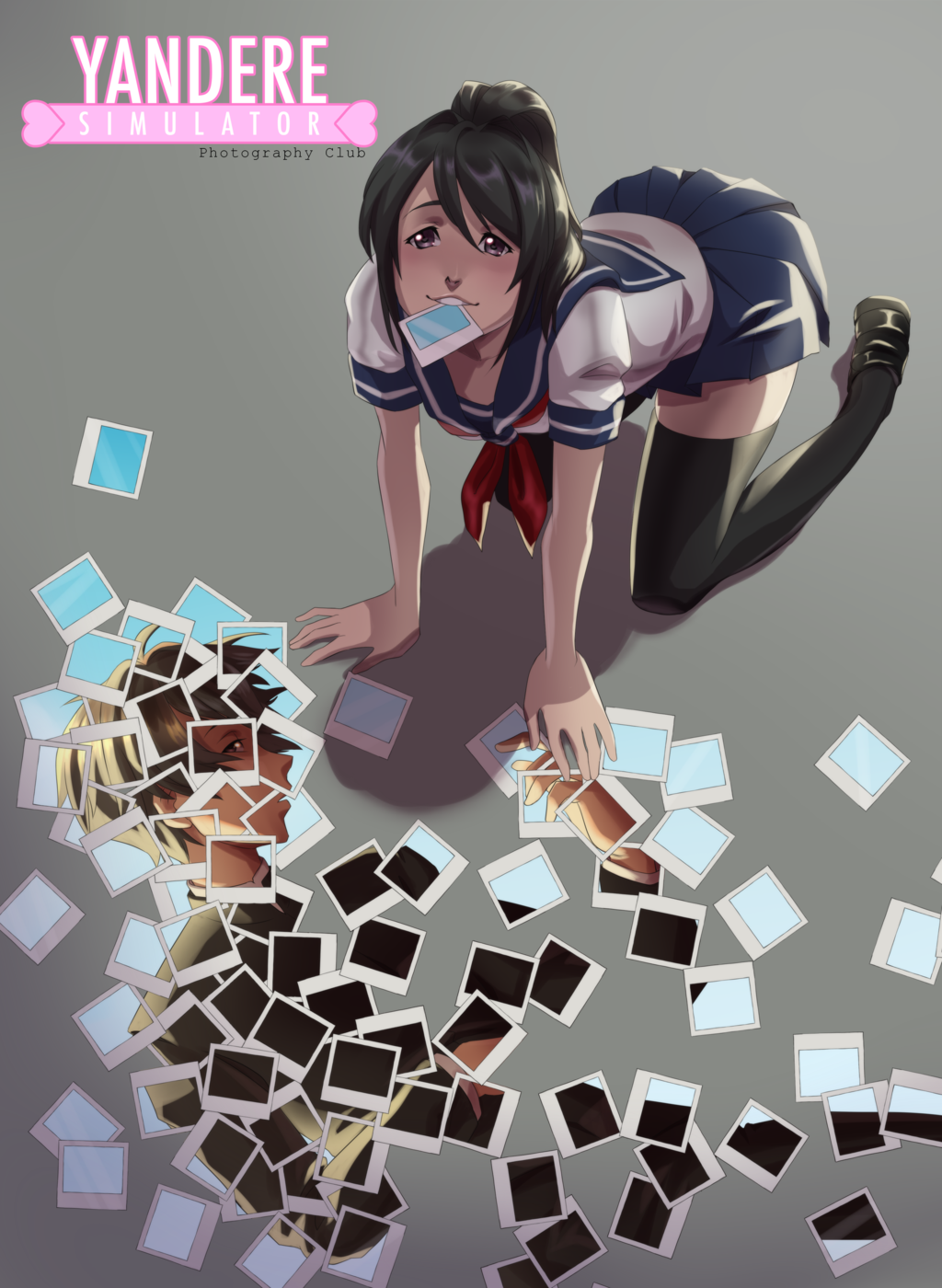1girl, artist_request, black_eyes, black_hair, highres, kneeling, logo, looking_at_viewer