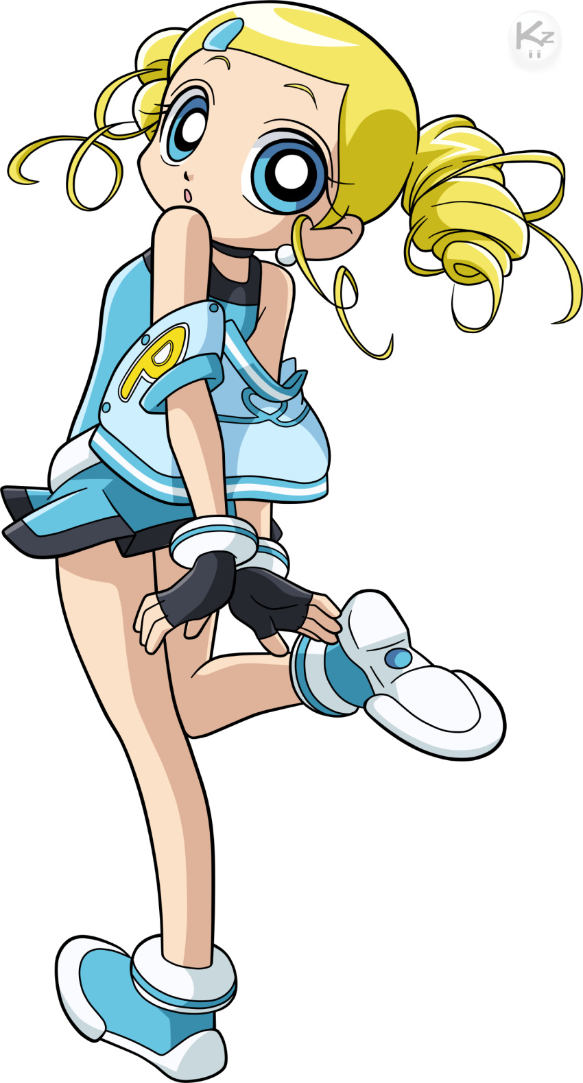 absurdres, bare_shoulders, belt, blonde_hair, blue_eyes, choker, drill_hair, fingerless_gloves
