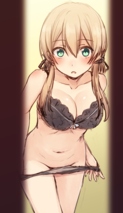 1girl, :o, anchor_hair_ornament, bare_arms, bare_shoulders, black_bra, black_panties, blonde_hair, blush, bra, breasts, changing_room, cleavage, collarbone, cowboy_shot, eyebrows_visible_through_hair, green_eyes, groin, hair_between_eyes, hair_ornament, kantai_collection, leaning_forward, lingerie, long_hair, low_twintails, medium_breasts, nagami_yuu, navel, no_headwear, open_mouth, panties, panty_pull, prinz_eugen_(kantai_collection), pulled_by_self, solo, standing, stomach, tareme, twintails, underwear, underwear_only, undressing