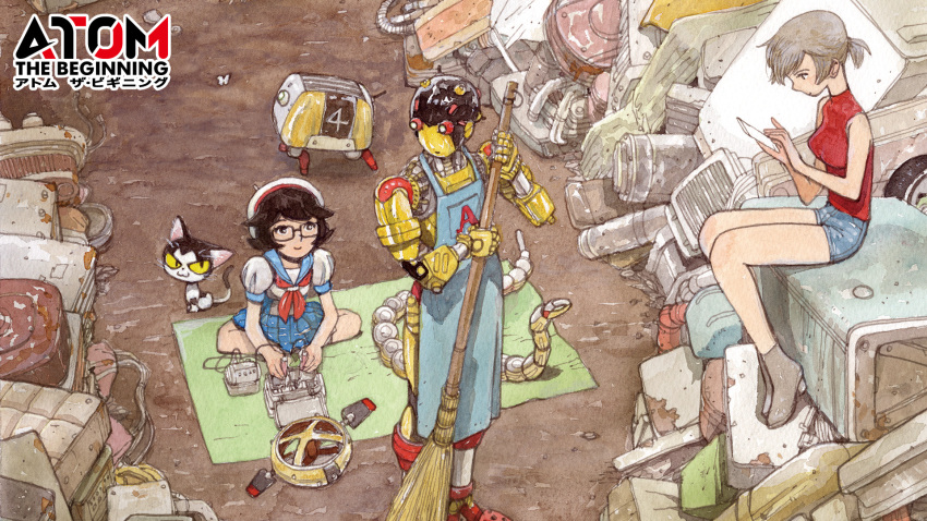2girls, a106, apron, atom:_the_beginning, black_hair, blue_skirt, boots, broom