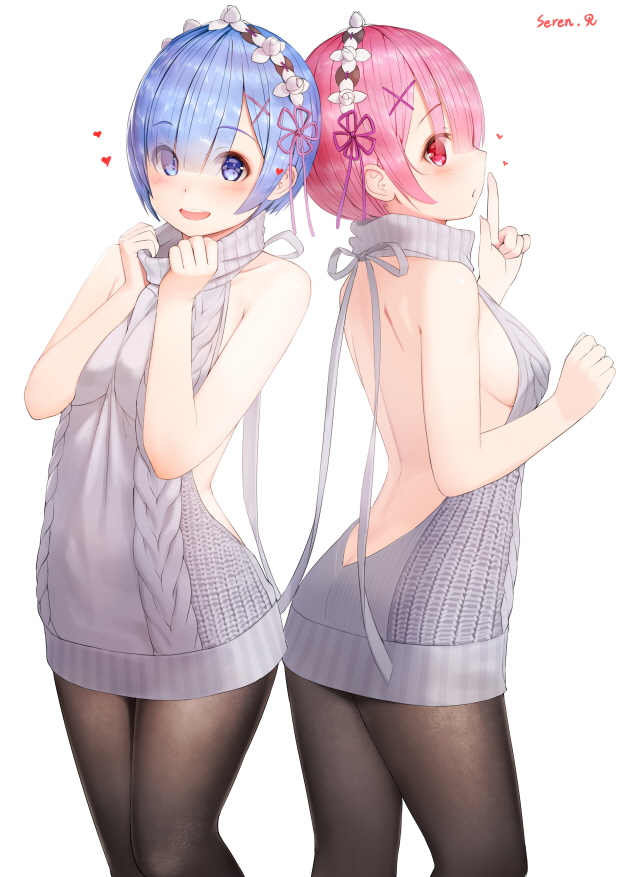 2girls, ass, bare_back, blue_eyes, breasts, butt_crack, heart, looking_at_viewer
