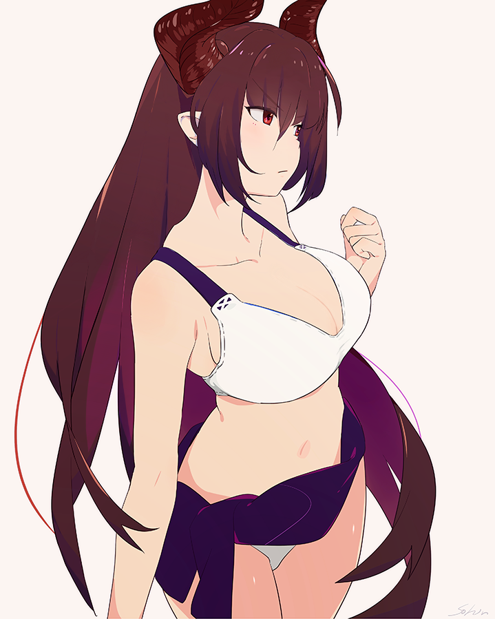 >:/, 1girl, artist_name, bangs, beige_background, bikini, breasts, brown_hair