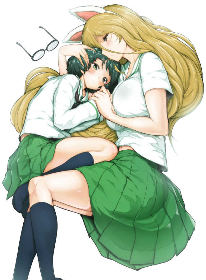 2girls, black_eyes, black_hair, blonde_hair, blush, breasts, girls_und_panzer, glasses, glasses_removed, hand_in_another's_hair, kneehighs, large_breasts, long_hair, lying, multiple_girls, nekonyaa, on_side, ooarai_school_uniform, sasaki_tatsuya, school_uniform, serafuku, short_hair, size_difference, utsugi_yuuki, white_background, yuri