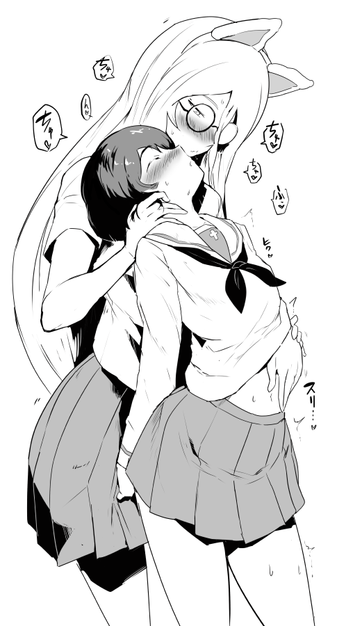 2girls, animal_ears, bangs, blouse, blush, coke-bottle_glasses, cowboy_shot, fake_animal_ears