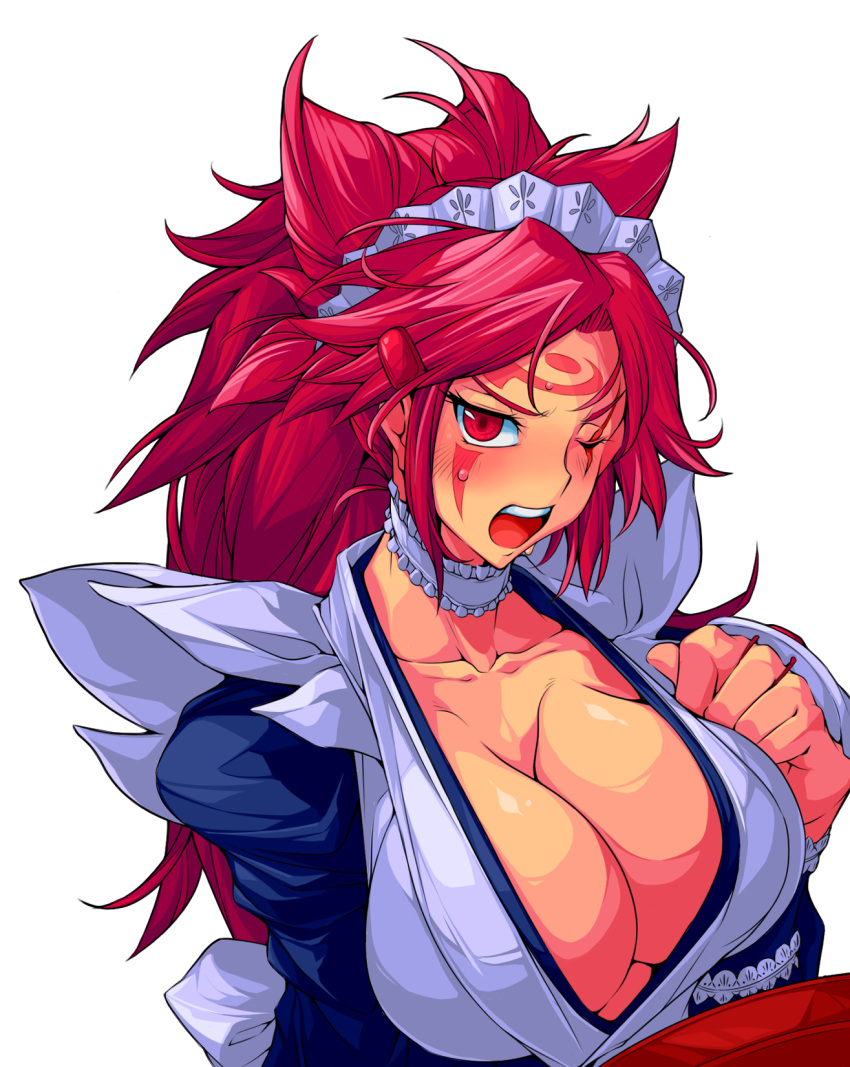 1girl, baiken, blush, breasts, choker, cleavage, collarbone, cosplay