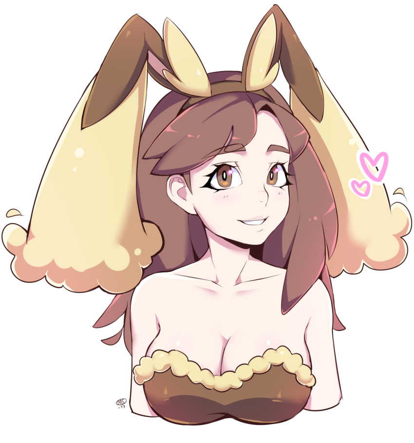 1girl, animal_ears, bare_shoulders, breasts, brown_eyes, brown_hair, cleavage, collarbone