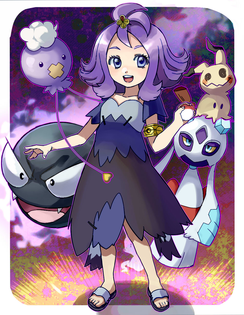 1girl, :d, acerola_(pokemon), armlet, balloon, blue_eyes, breasts, clouds, collarbone, costume, dress, drifloon, elite_four, eyelashes, fangs, fingernails, flipped_hair, froslass, full_body, gastly, hair_ornament, heart, highres, holding, holding_poke_ball, ice, looking_at_viewer, looking_away, looking_to_the_side, on_head, open_mouth, outline, pikachu_costume, poke_ball, pokemon, pokemon_(game), pokemon_sm, purple, purple_hair, sandals, short_hair, short_sleeves, small_breasts, smile, standing, stitches, tareme, teeth, tongue, topknot, torn_clothes, torn_dress, torn_sleeves, trial_captain, violet_eyes, yellow_sclera, yu_(mekeneko1998)