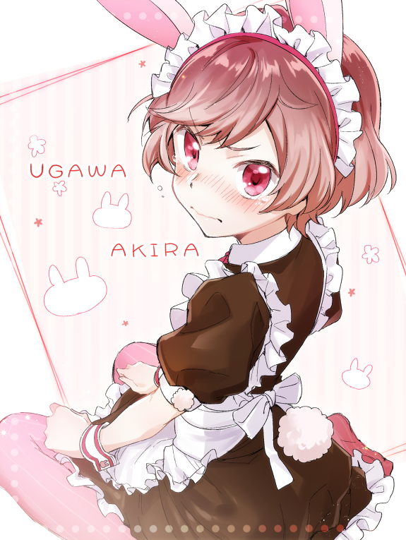 1boy, alternate_costume, animal_ears, apron, blush, bunny_tail, character_name, crossdressinging, embarrassed, enmaided, fake_animal_ears, hairband, looking_at_viewer, looking_up, maid, rabbit_ears, red_eyes, redhead, sitting, starmyu, striped, striped_legwear, tail, tearing_up, trap, tsuchiya_(1315444), ugawa_akira, waist_apron, wariza, wavy_mouth, wrist_cuffs