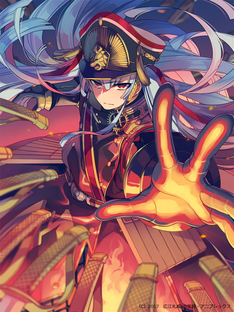 1girl, gunpuku_no_himegimi, hat, maguro_(ma-glo), military, military_uniform, re:creators, red_eyes
