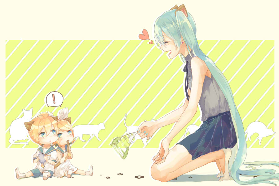 1boy, 2girls, animal_ears, barefoot, blonde_hair, blue_eyes, cat, cat_ears