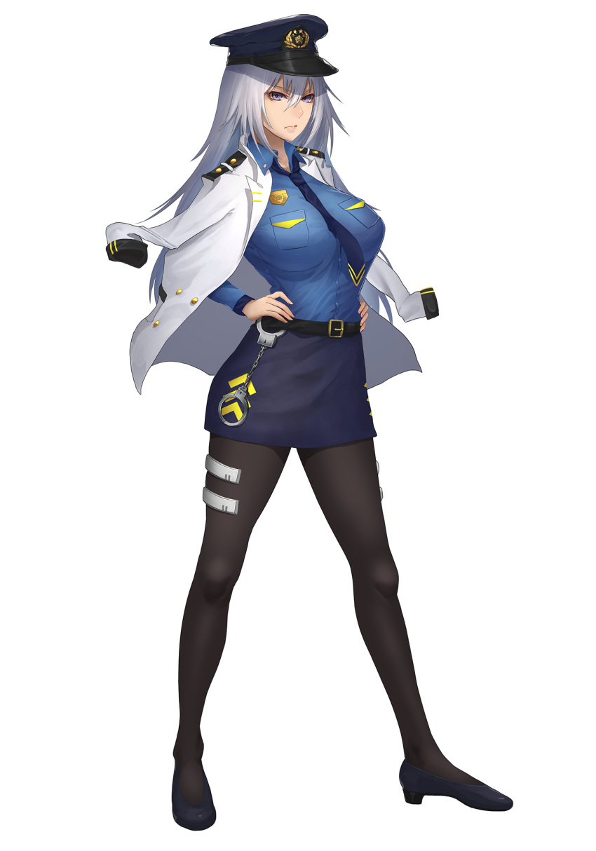 >:(, 1girl, belt, black_legwear, black_skirt, blue_necktie, breast_pocket, breasts