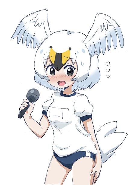 1girl, alternate_costume, black_hair, blonde_hair, blush, buruma, feathered_wings, gym_uniform