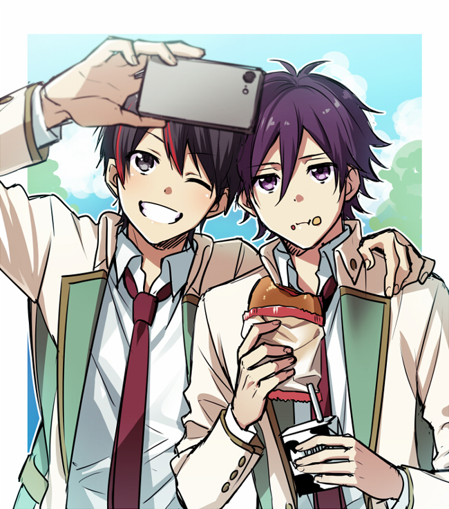 2boys, ;), arm_around_shoulder, black_hair, blazer, cellphone, eating, food
