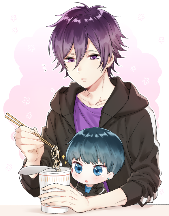 2boys, bangs, black_hair, blush, chibi, chopsticks, earrings, hood