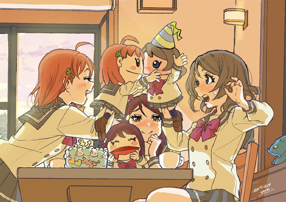 3girls, ahoge, bangs, blue_eyes, blush, blush_stickers, bow, bowtie, brown_hair, cake, chair, character_doll, chin_rest, closed_eyes, clover_hair_ornament, coelacanth, cup, dated, double-breasted, drooling, fish, food, hair_ornament, hairclip, half-closed_eyes, hand_puppet, hat, kiss, komesodo, leaning_forward, long_sleeves, love_live!, love_live!_sunshine!!, multiple_girls, open_mouth, orange_hair, party_hat, pleated_skirt, puppet, red_bow, red_bowtie, redhead, sakurauchi_riko, school_uniform, serafuku, signature, sitting, skirt, smile, stuffed_animal, stuffed_toy, sweatdrop, table, takami_chika, teacup, watanabe_you, window, yellow_eyes, yuri