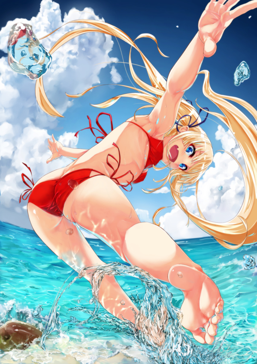 1girl, armpits, ass, bangs, barefoot, beach, bikini, blonde_hair