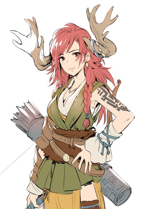 1girl, antlers, arm_warmers, armpits, belt, blush, bow_(weapon), braid