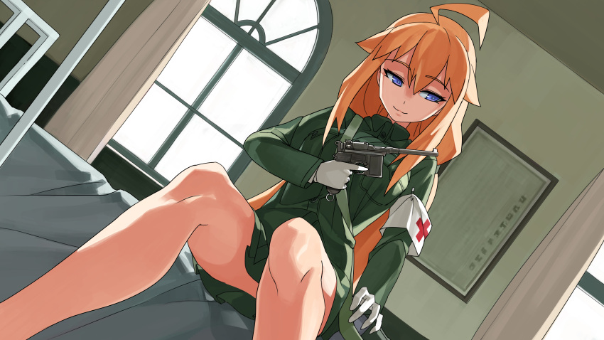 1girl, absurdres, bed, blonde_hair, gun, handgun, highres, hospital_bed