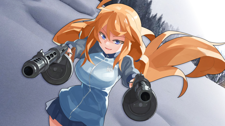 1girl, absurdres, blonde_hair, blue_eyes, dual_wielding, emblem, finnish, gun